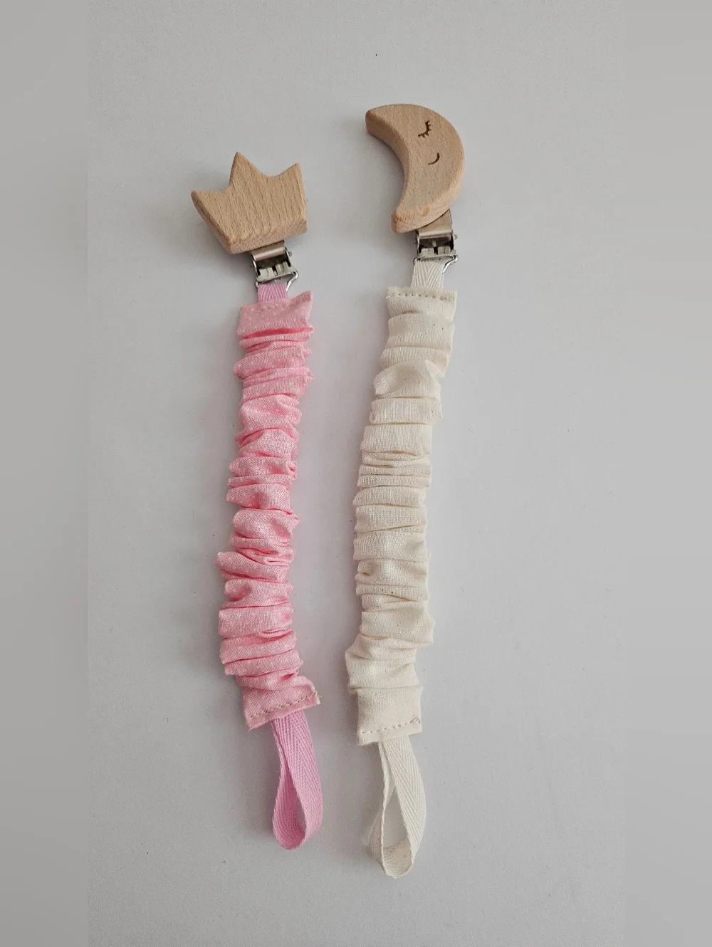Pink and Cream Baby Pacifier Clips with Wooden Crown & Moon